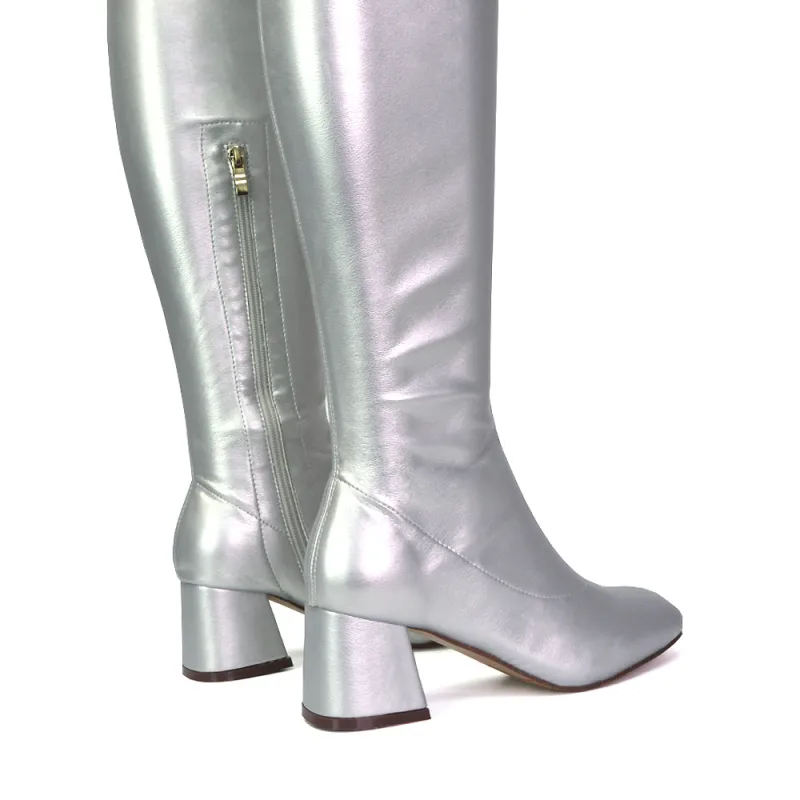 Emmett Flared Mid Block Heel Over the Knee Boots In Silver Metallic sold by XYlondon