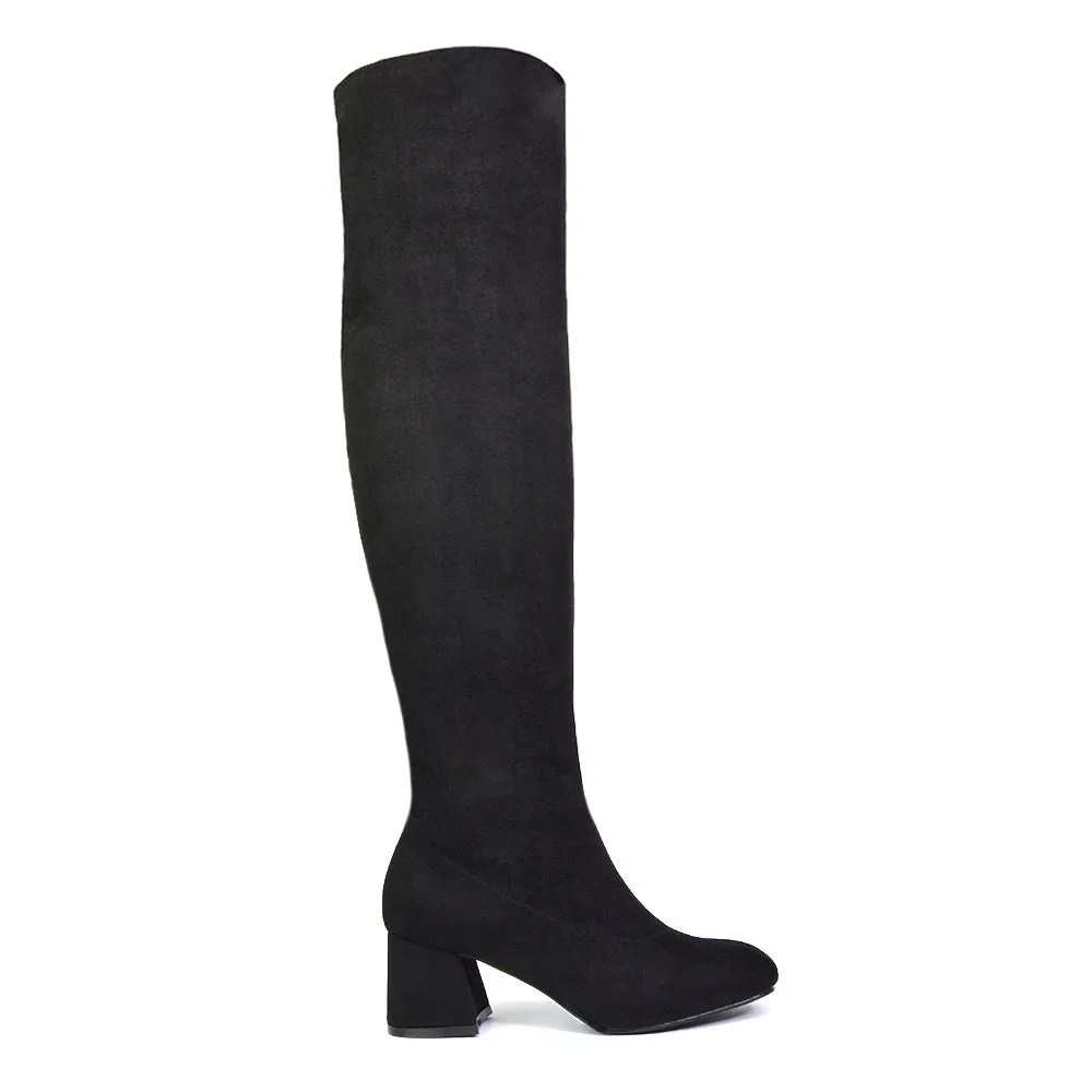 Emmett Flared Mid Block Heel Over the Knee Boots In Black Faux Suede sold by XYlondon product image thumbnail 3
