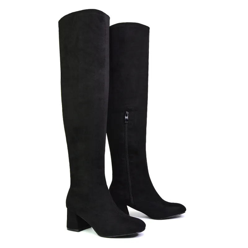Emmett Flared Mid Block Heel Over the Knee Boots In Black Faux Suede sold by XYlondon