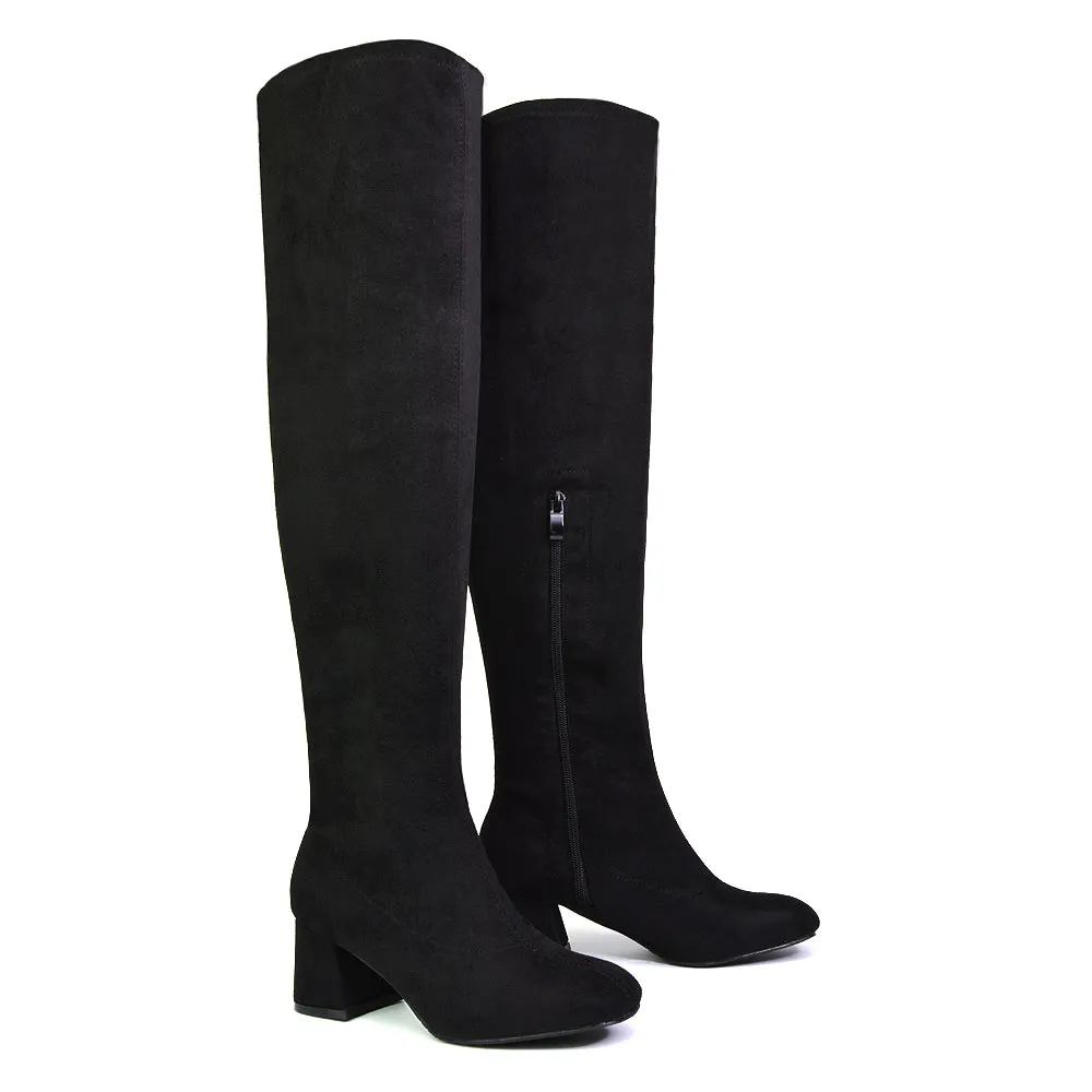 Emmett Flared Mid Block Heel Over the Knee Boots In Black Faux Suede sold by XYlondon