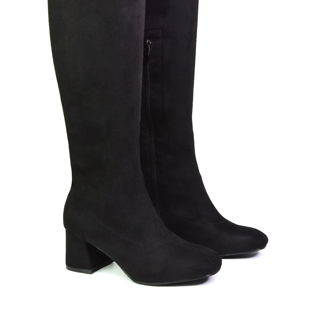 Emmett Flared Mid Block Heel Over the Knee Boots In Black Faux Suede sold by XYlondon product image thumbnail 2