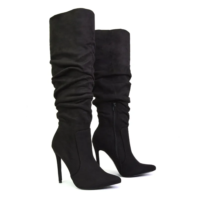Milani Statement Ruched Pointed Toe Stiletto High Heel Knee High Boots in Black Faux Suede sold by XYlondon