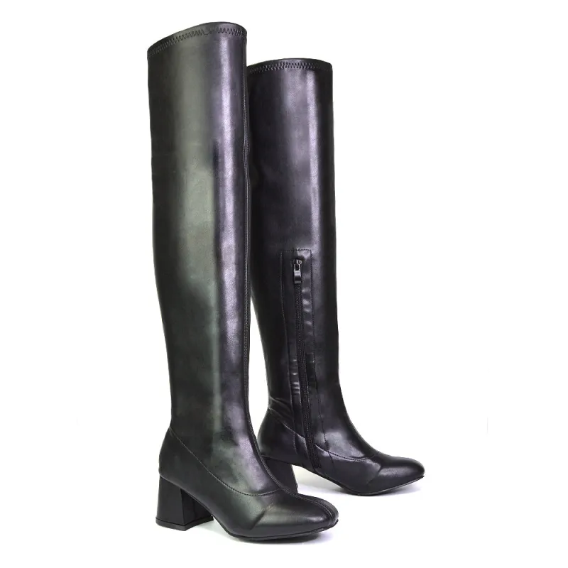Emmett Flared Mid Block Heel Over the Knee Boots In Black Synthetic Leather sold by XYlondon