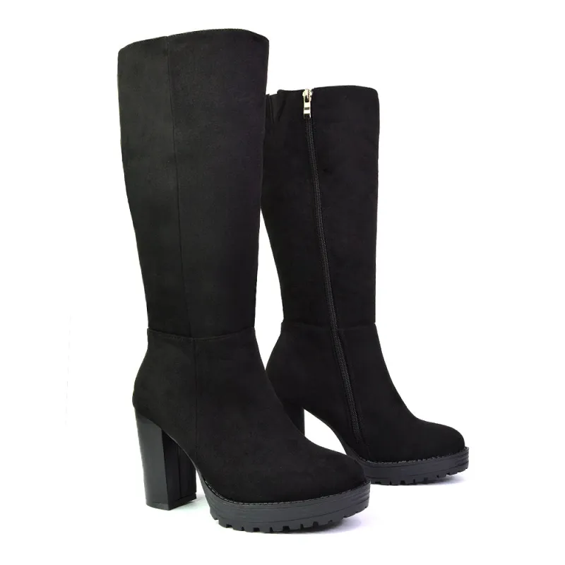 Addie Chunky Super High Block Heeled Platform Knee High Boots In Black Faux Suede sold by XYlondon
