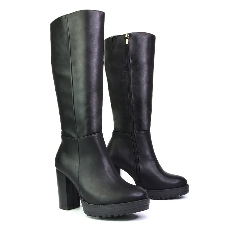 Addie Chunky Super High Block Heeled Platform Knee High Boots In Black Synthetic Leather sold by XYlondon