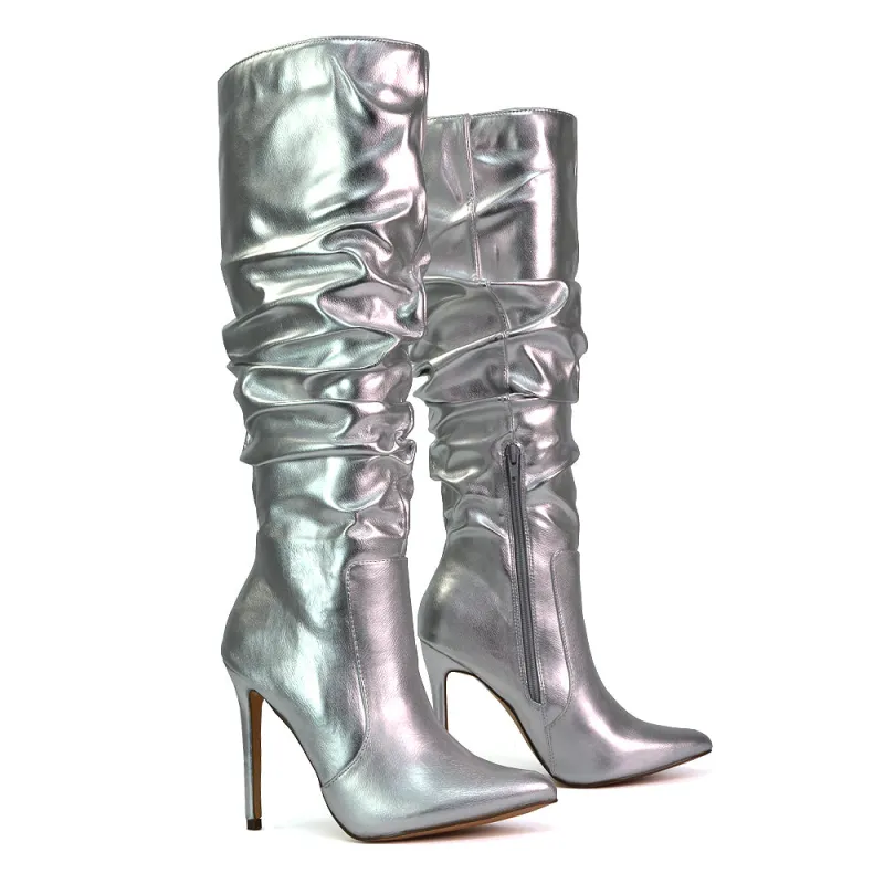 Milani Statement Ruched Pointed Toe Stiletto High Heel Knee High Boots in Silver Metallic sold by XYlondon