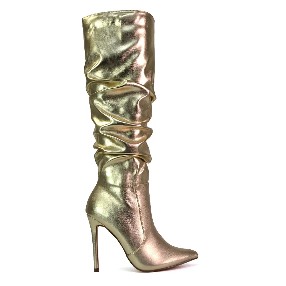 Milani Statement Ruched Pointed Toe Stiletto High Heel Knee High Boots in Gold Metallic sold by XYlondon product image thumbnail 5