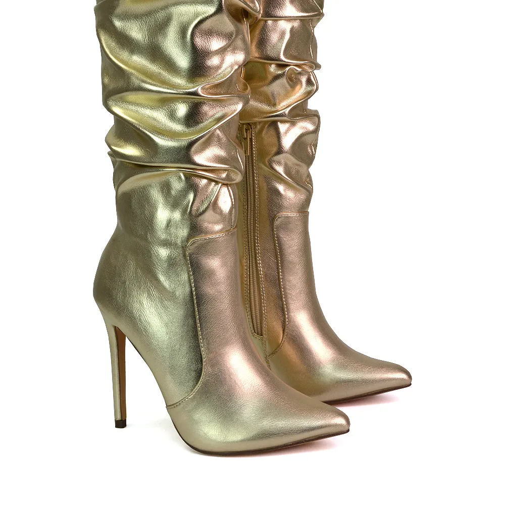 Milani Statement Ruched Pointed Toe Stiletto High Heel Knee High Boots in Gold Metallic sold by XYlondon product image thumbnail 3