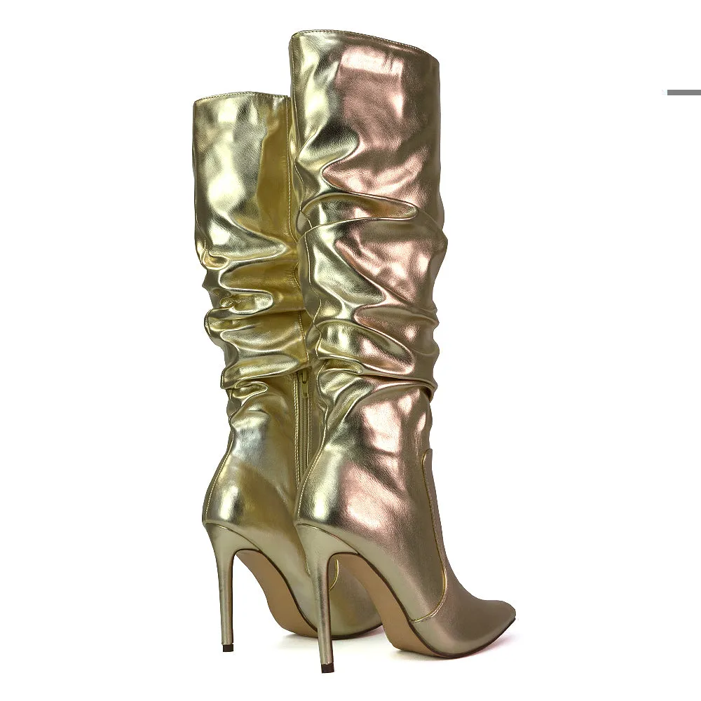 Milani Statement Ruched Pointed Toe Stiletto High Heel Knee High Boots in Gold Metallic sold by XYlondon product image thumbnail 2