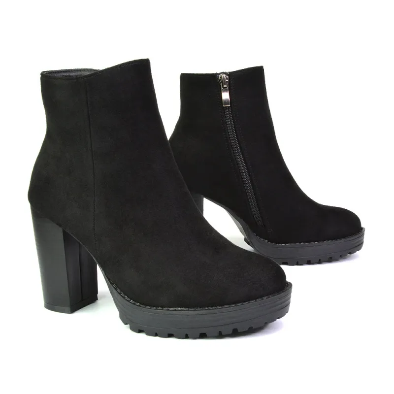 Cole Chunky Biker Block Heeled Platform Sock Ankle Boots in Black Faux Suede sold by XYlondon