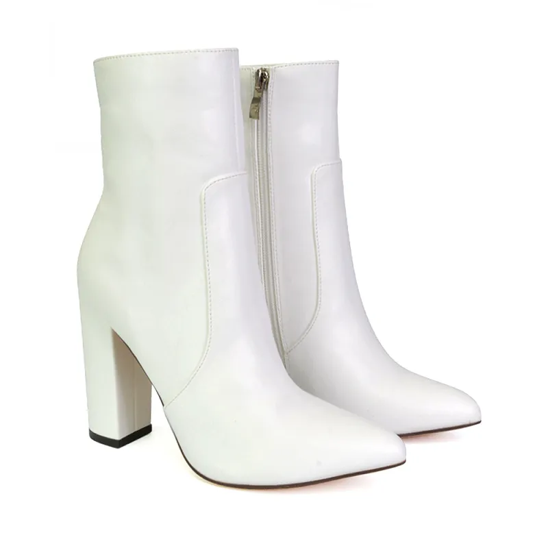 Sugar Block High Heel Zip-Up Heeled Ankle Boots With a Pointed Toe in White Synthetic Leather sold by XYlondon