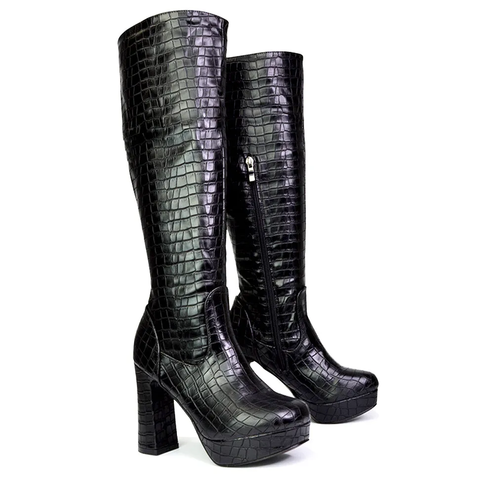 Theo Super Chunky Block High Heel Platform Knee High Boots For Winter in Black Croc sold by XYlondon