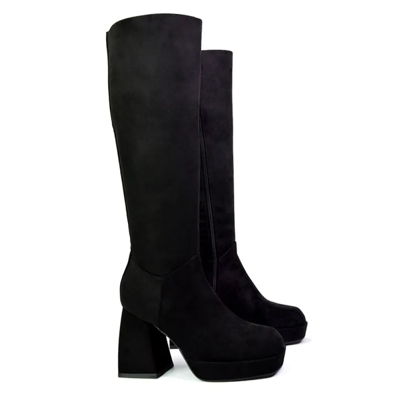 Wren Knee High Boots With Platform Chunky Flared Block Heel In Black Faux Suede sold by XYlondon
