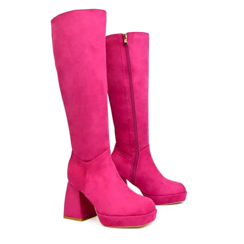 Wren Knee High Boots With Platform Chunky Flared Block Heel In Pink Faux Suede sold by XYlondon
