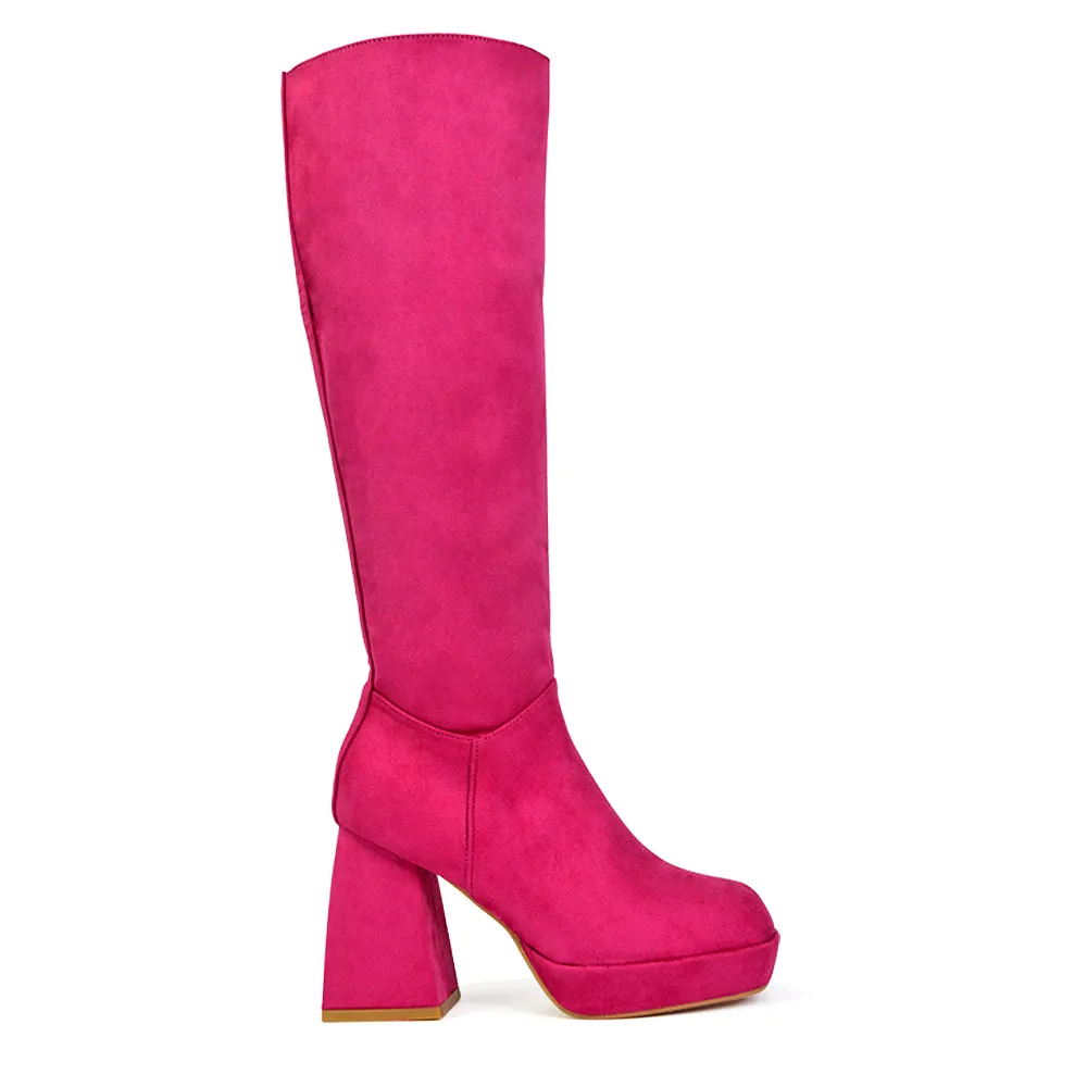 Wren Knee High Boots With Platform Chunky Flared Block Heel In Pink Faux Suede sold by XYlondon product image thumbnail 3