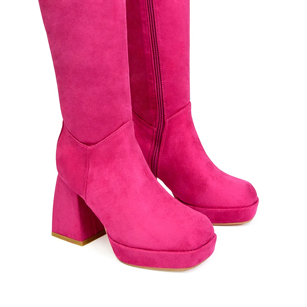 Wren Knee High Boots With Platform Chunky Flared Block Heel In Pink Faux Suede sold by XYlondon product image thumbnail 2
