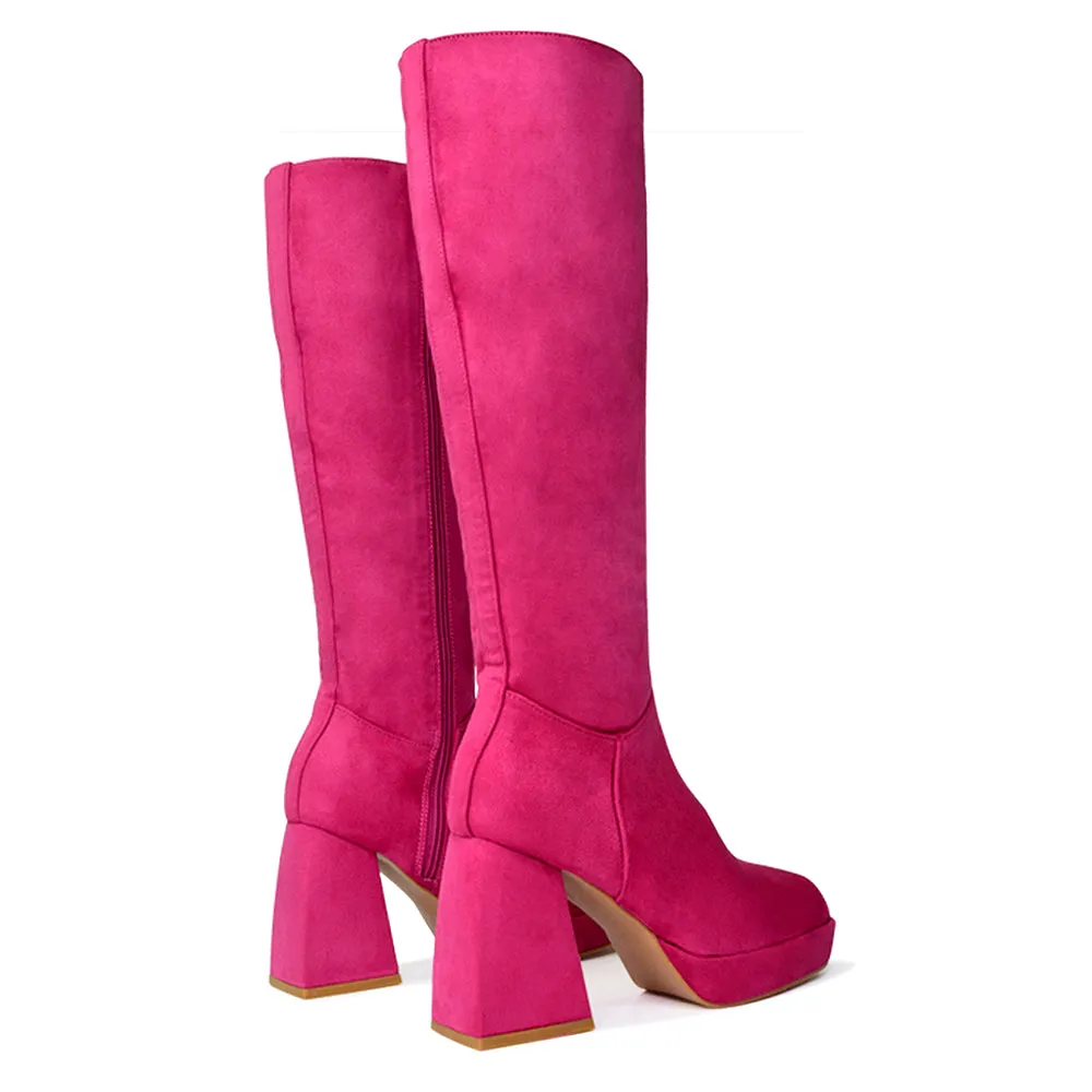 Wren Knee High Boots With Platform Chunky Flared Block Heel In Pink Faux Suede sold by XYlondon product image thumbnail 5