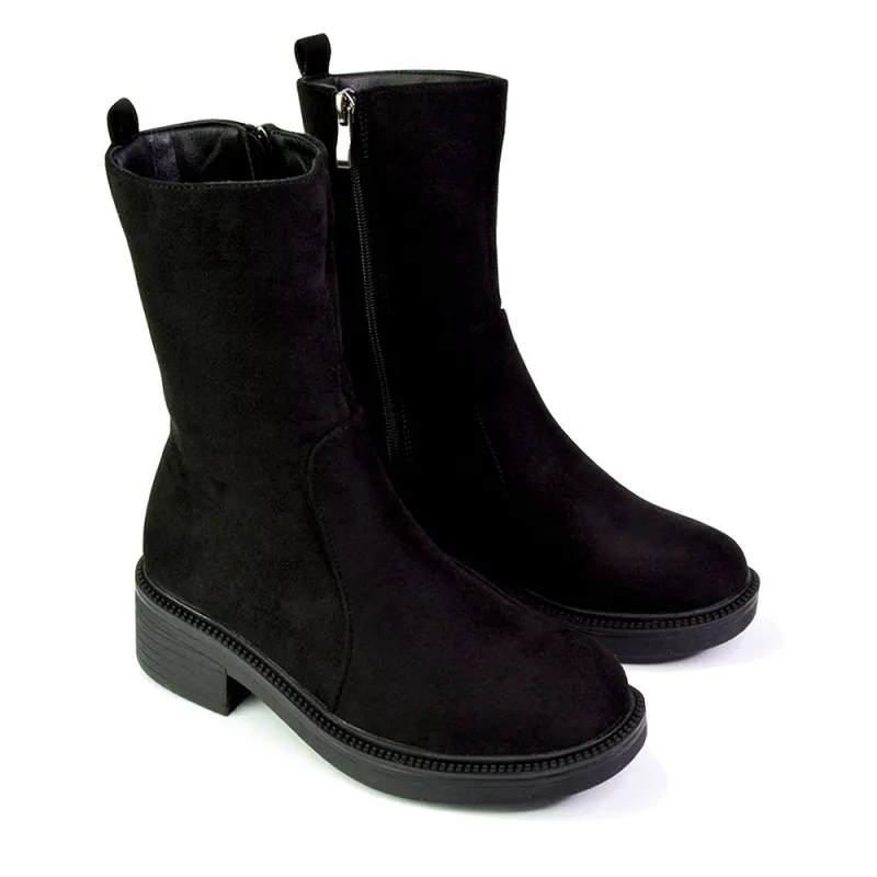 Senna Chunky Block Heel Low Platform Sole Zip Up Biker Sock Ankle Boots in Black Faux Suede sold by XYlondon