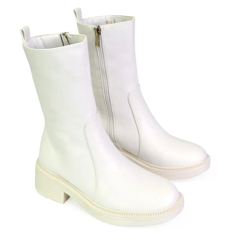 Senna Chunky Block Heel Low Platform Sole Zip Up Biker Sock Ankle Boots in White Synthetic Leather sold by XYlondon