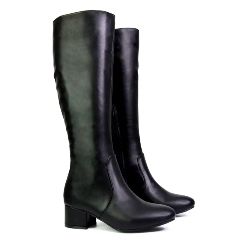 Valeria Long Western Zip Up Knee High Boots With Mid Block High Heel In Black sold by XYlondon