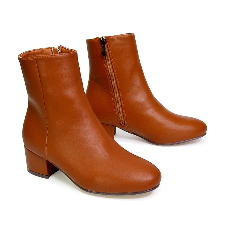 Nolan Winter Mid Block High Heel Ankle Boots With Inside Zip in Tan Synthetic Leather sold by XYlondon