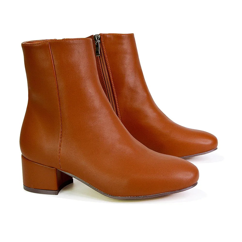 Nolan Winter Mid Block High Heel Ankle Boots With Inside Zip in Tan Synthetic Leather sold by XYlondon product image thumbnail 3