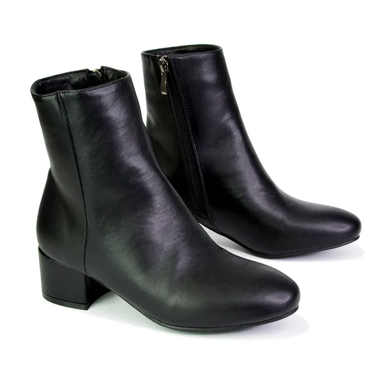 Nolan Winter Mid Block High Heel Ankle Boots With Inside Zip in Black Synthetic Leather sold by XYlondon