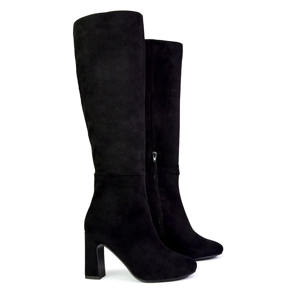 Lillia Winter Zip-up Long Block High Heel Knee High Boots in Black Faux Suede sold by XYlondon product image thumbnail 5