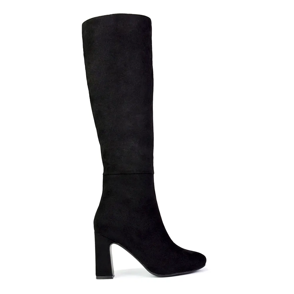 Lillia Winter Zip-up Long Block High Heel Knee High Boots in Black Faux Suede sold by XYlondon