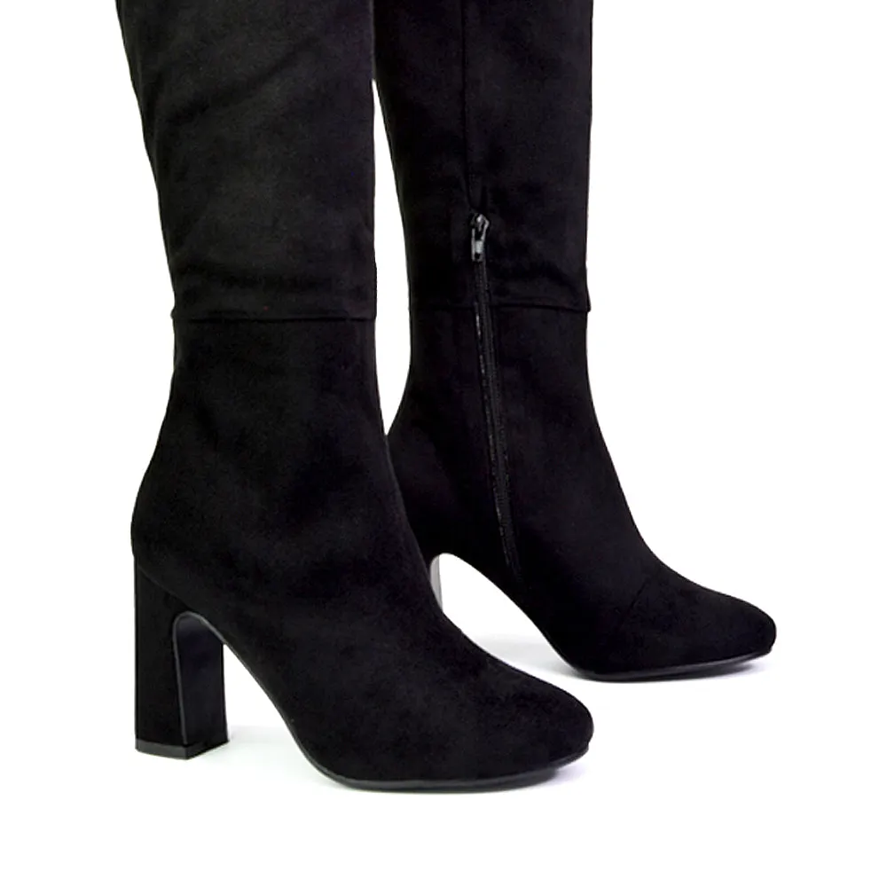 Lillia Winter Zip-up Long Block High Heel Knee High Boots in Black Faux Suede sold by XYlondon product image thumbnail 4
