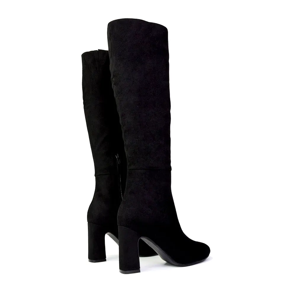 Lillia Winter Zip-up Long Block High Heel Knee High Boots in Black Faux Suede sold by XYlondon product image thumbnail 2