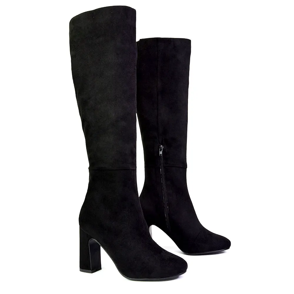 Lillia Winter Zip-up Long Block High Heel Knee High Boots in Black Faux Suede sold by XYlondon product image thumbnail 3