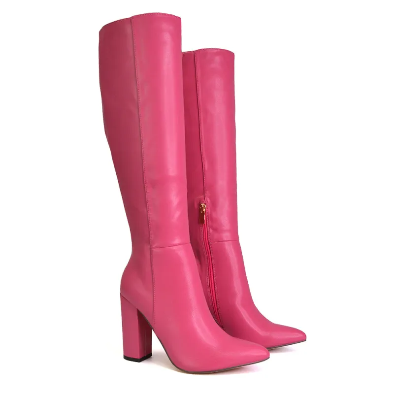 Opal Fuchsia Synthetic Leather Statement Knee High Pointed Toe Block Heeled Long Boots sold by XYlondon