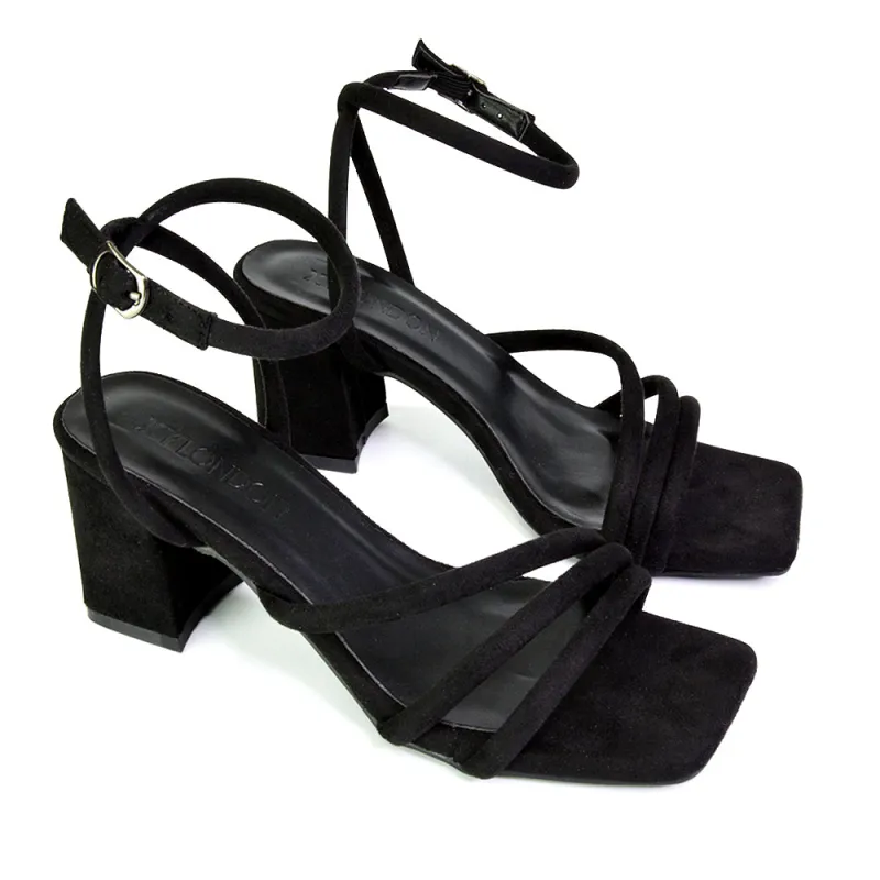 Trixie Square Toe Buckle Up Ankle Strappy Mid Block Heel Sandals in Black sold by XYlondon