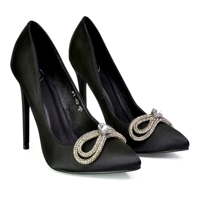 Lane Diamante Bow Pointed Toe Court Shoes Stiletto Bridal Shoes in Black sold by XYlondon