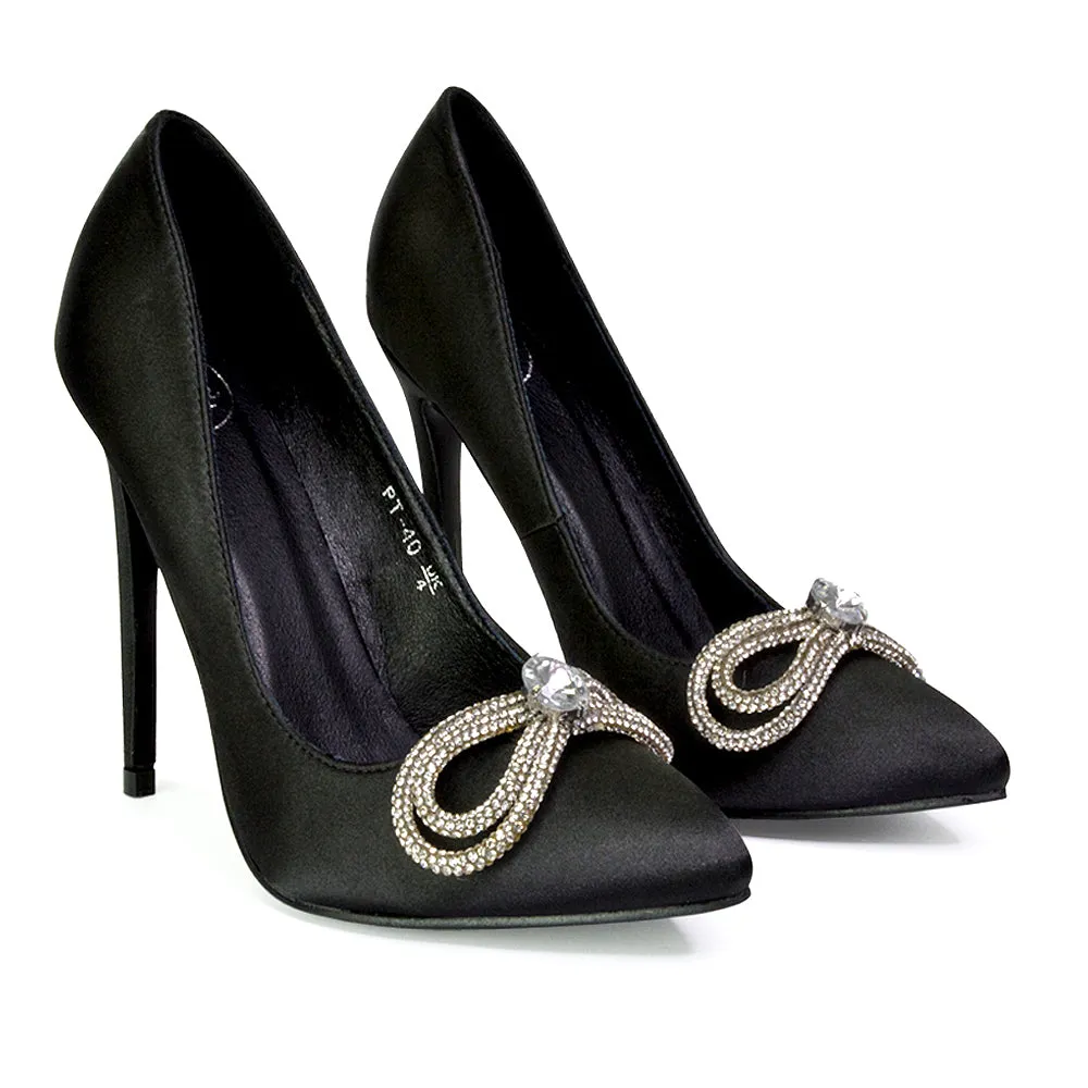 Lane Diamante Bow Pointed Toe Court Shoes Stiletto Bridal Shoes in Black sold by XYlondon