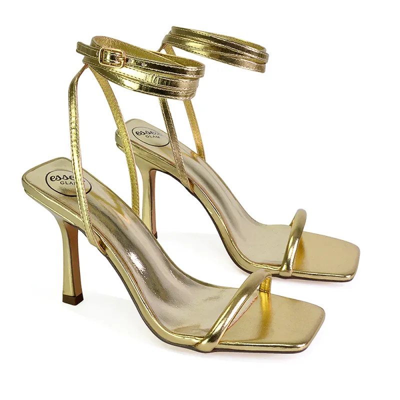 Jolie Square Toe Lace Up Strappy Sandal Stiletto High Heels in Gold sold by XYlondon