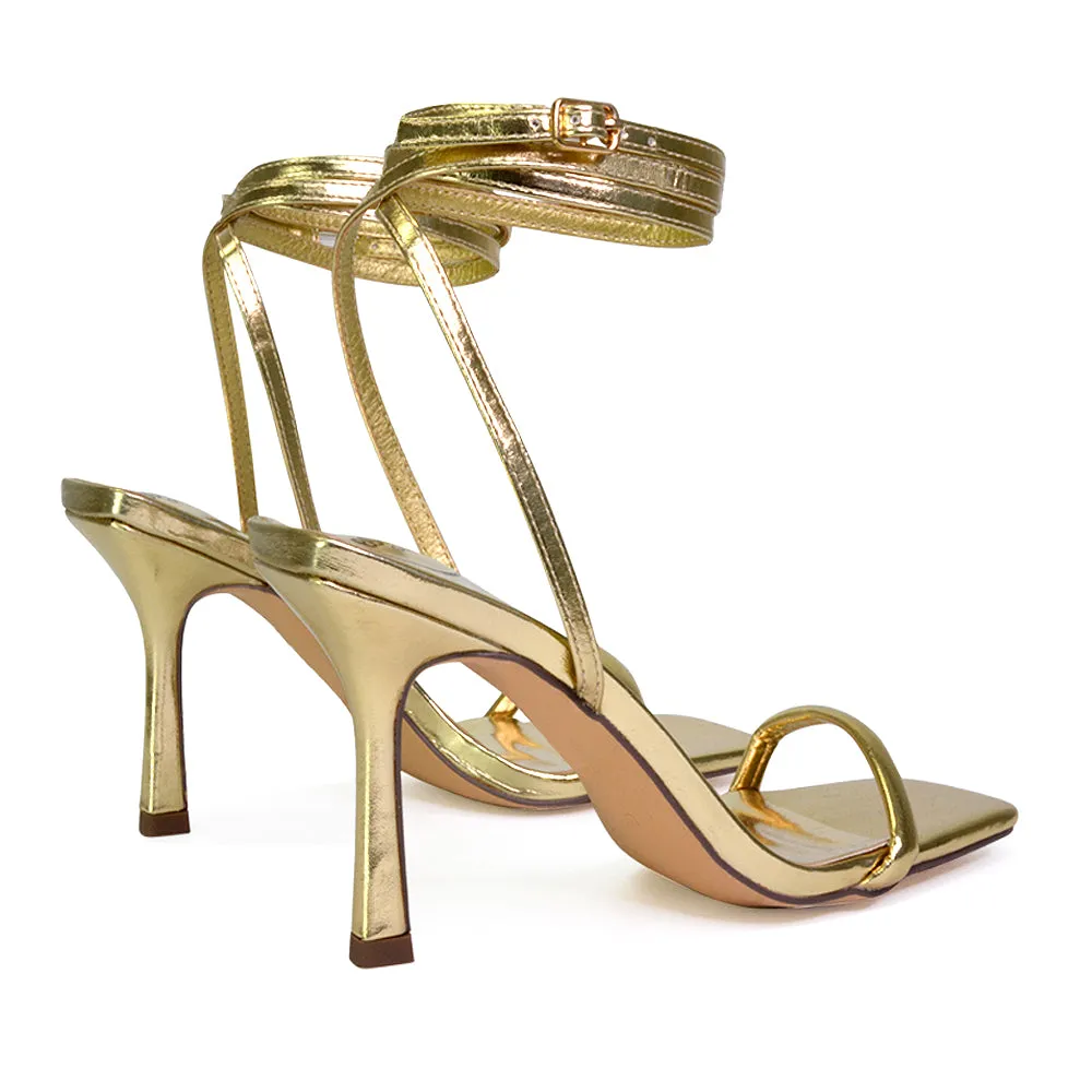 Jolie Square Toe Lace Up Strappy Sandal Stiletto High Heels in Gold sold by XYlondon product image thumbnail 2