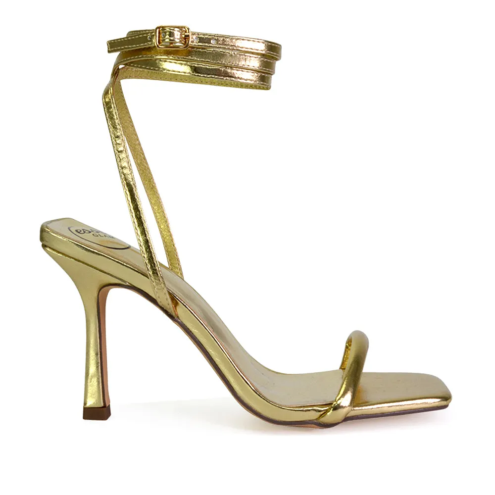 Jolie Square Toe Lace Up Strappy Sandal Stiletto High Heels in Gold sold by XYlondon product image thumbnail 3
