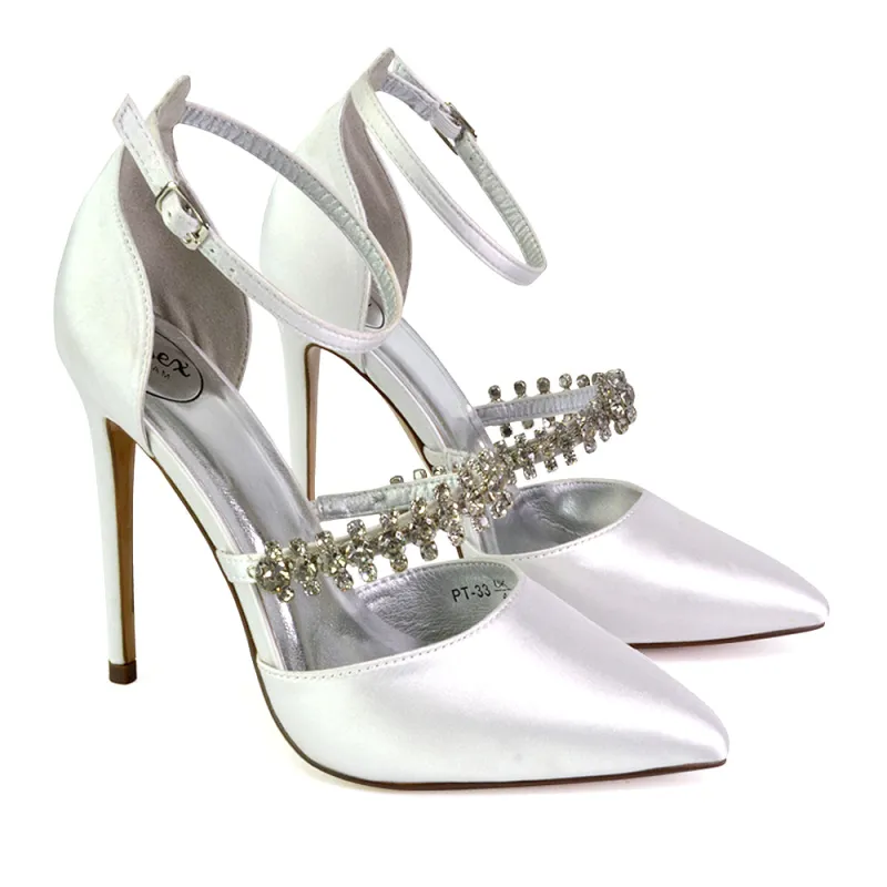 Giana Pointed Toe Strappy Stiletto High Heel Court Wedding Shoes in White sold by XYlondon