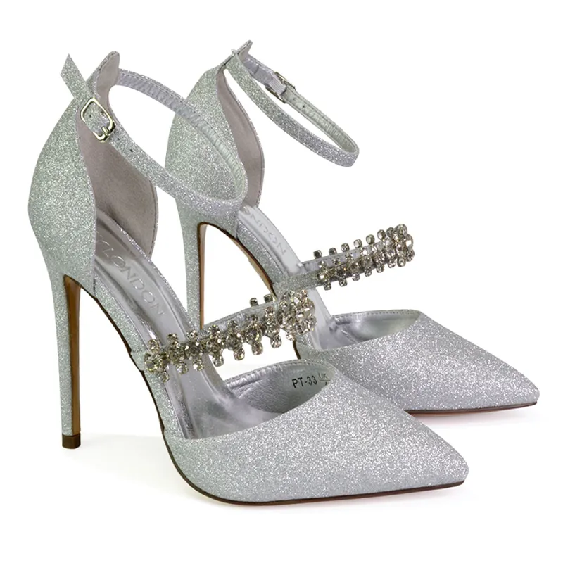 Giana Pointed Toe Strappy Stiletto High Heel Court Wedding Shoes in Silver Glitter sold by XYlondon