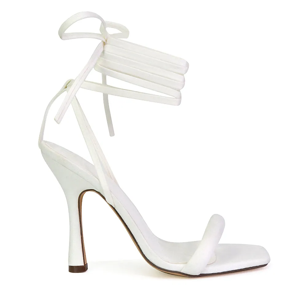 Caryn Faux Suede Lace Up Square Toe Strappy Stiletto High Heels in White sold by XYlondon product image thumbnail 3