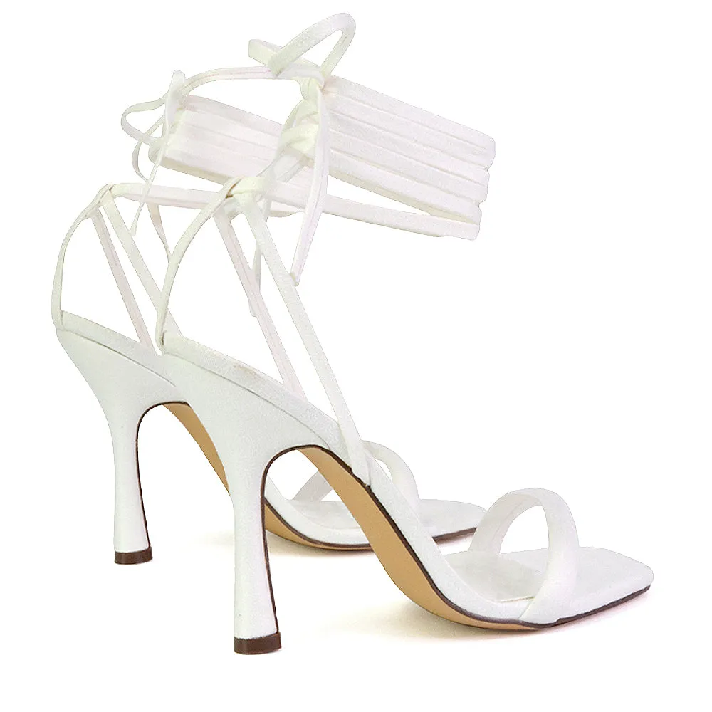 Caryn Faux Suede Lace Up Square Toe Strappy Stiletto High Heels in White sold by XYlondon product image thumbnail 2