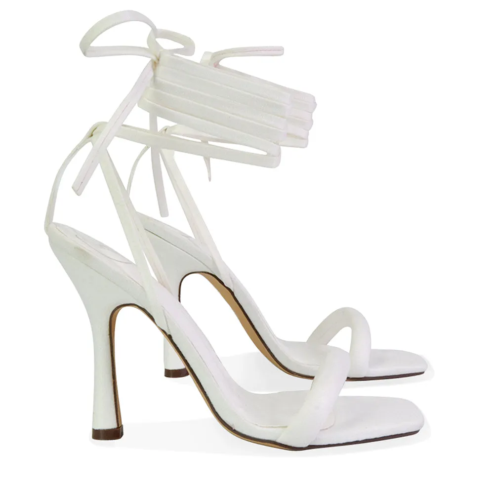 Caryn Faux Suede Lace Up Square Toe Strappy Stiletto High Heels in White sold by XYlondon product image thumbnail 4