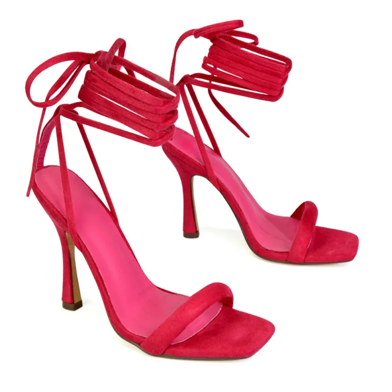 Caryn Faux Suede Lace Up Square Toe Strappy Stiletto High Heels in Hot Pink sold by XYlondon