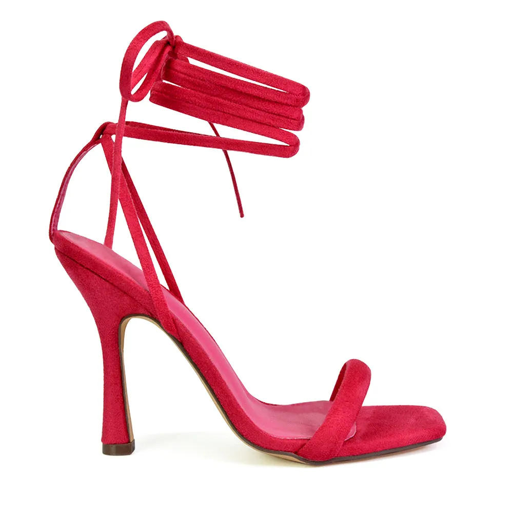Caryn Faux Suede Lace Up Square Toe Strappy Stiletto High Heels in Hot Pink sold by XYlondon product image thumbnail 3