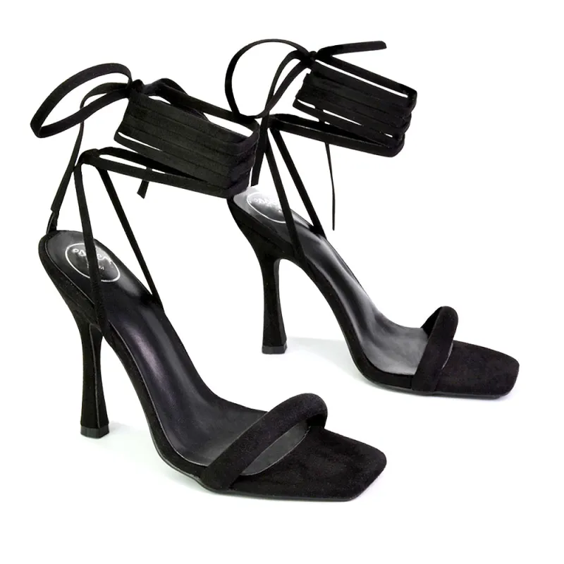 Caryn Faux Suede Lace Up Square Toe Strappy Stiletto High Heels in Black sold by XYlondon