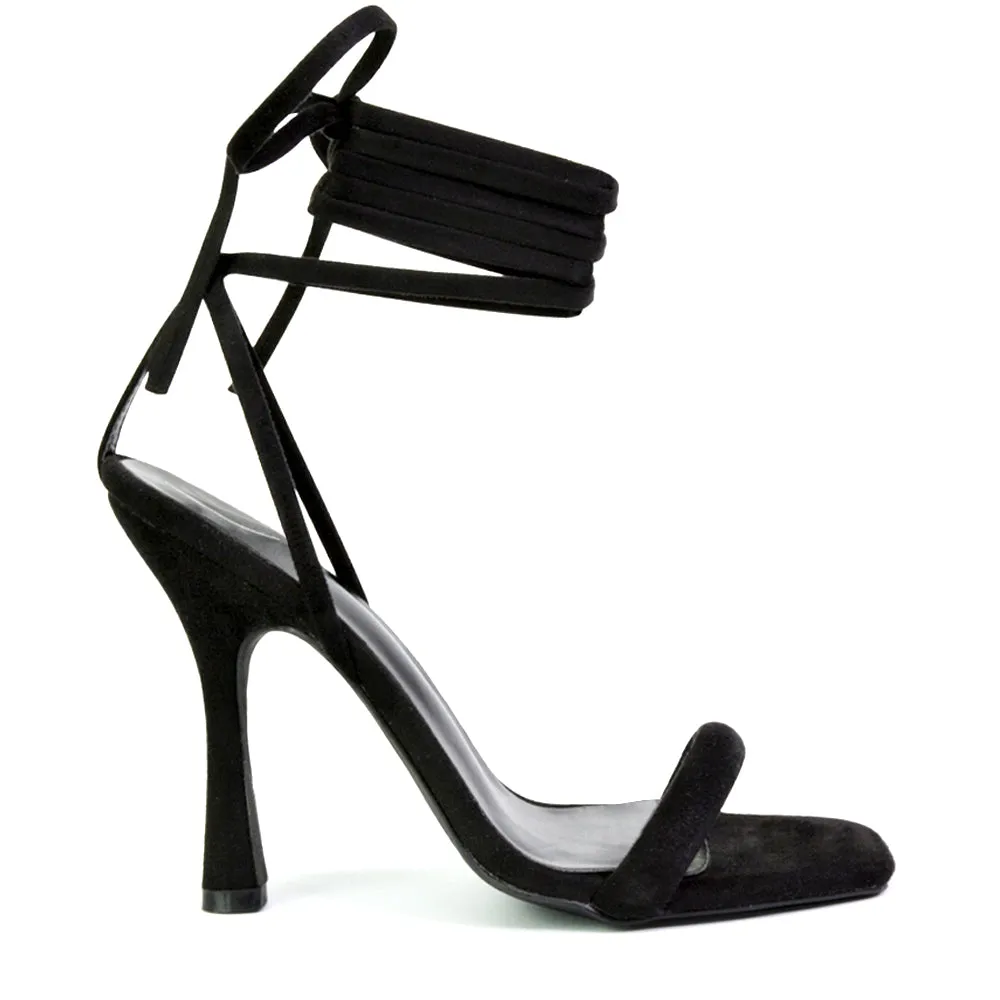 Caryn Faux Suede Lace Up Square Toe Strappy Stiletto High Heels in Black sold by XYlondon product image thumbnail 3