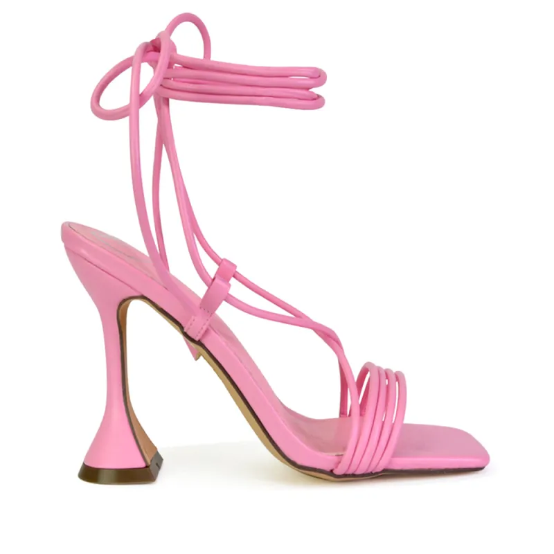 Axel Strappy Lace Up Square Toe Block Sculptured Heels in Pink sold by XYlondon