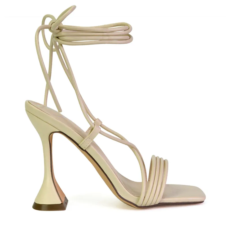 Axel Strappy Lace Up Square Toe Block Sculptured Heels in Nude sold by XYlondon